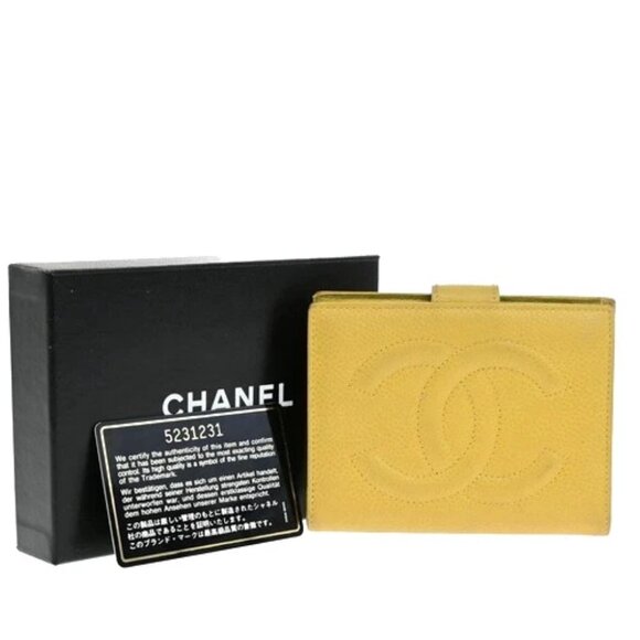 CHANEL CC Bifold Compact Wallet Grained Calfskin Leather Yellow Vintage 66KB511 - Picture 1 of 14